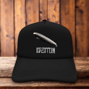 Black retro trucker hat featuring the Led Zeppelin logo in vintage-style typography on a structured foam front.