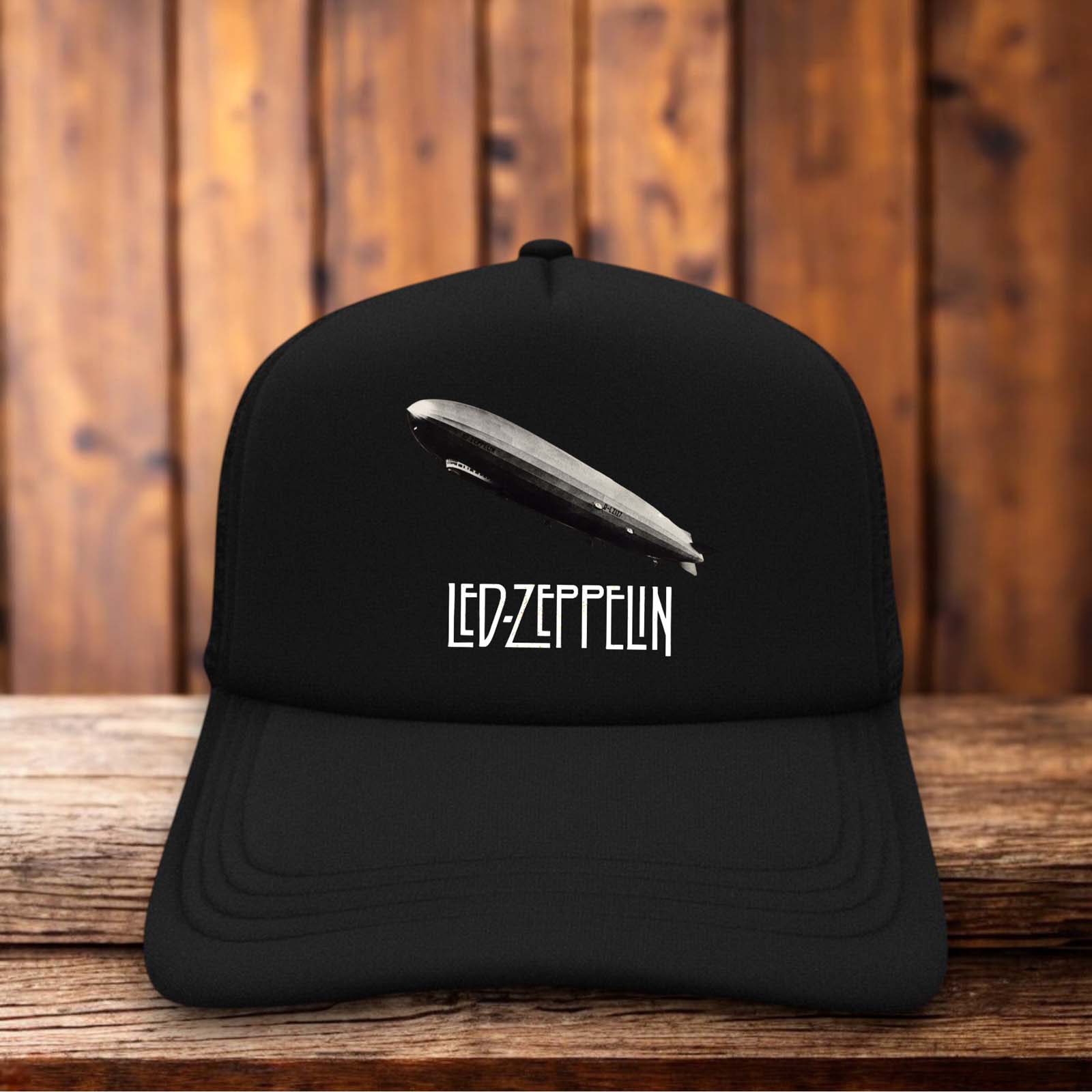 Black retro trucker hat featuring the Led Zeppelin logo in vintage-style typography on a structured foam front.