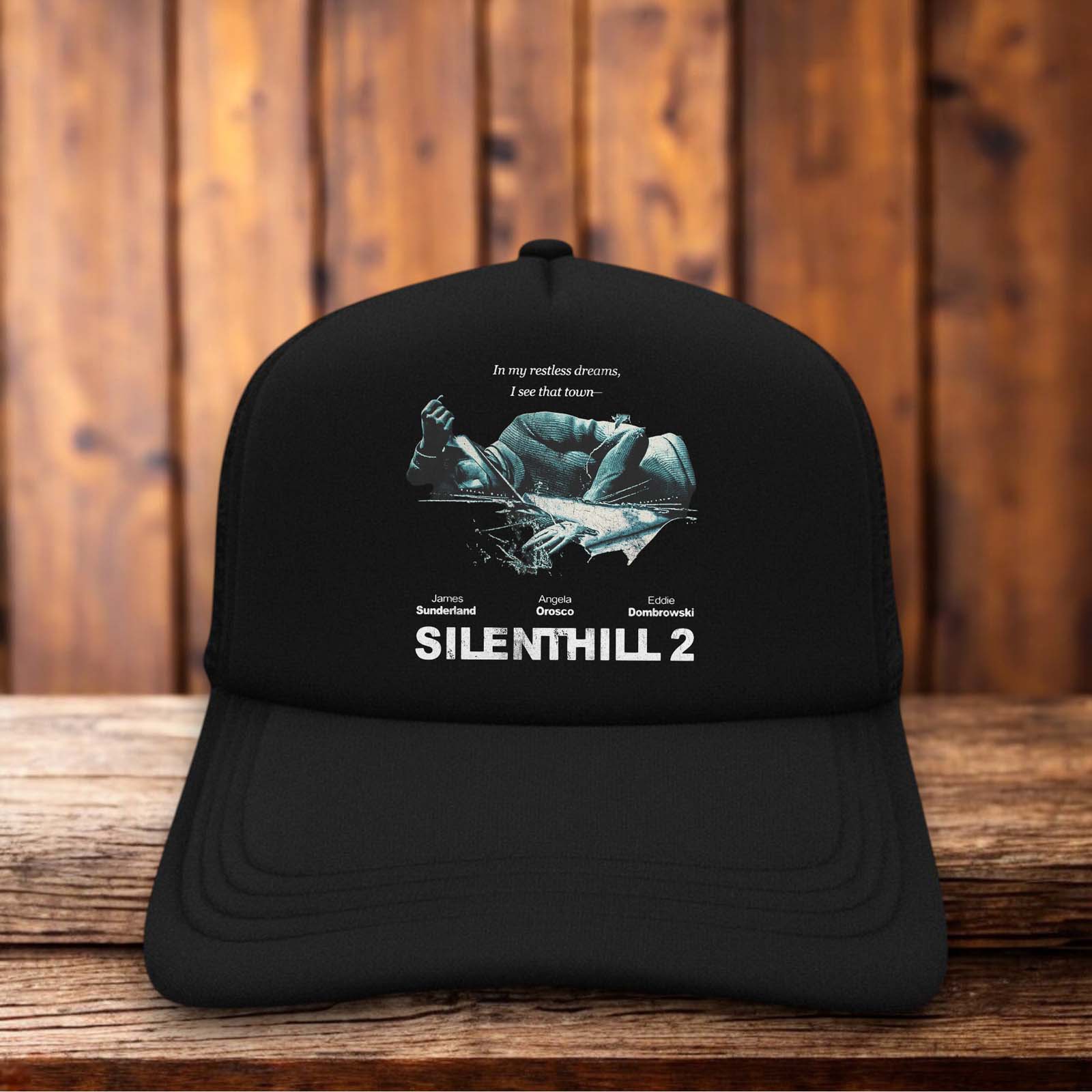 A sleek all-black trucker hat with a foam front panel featuring the iconic, distressed Silent Hill 2 logo in a sharp, weathered white font.