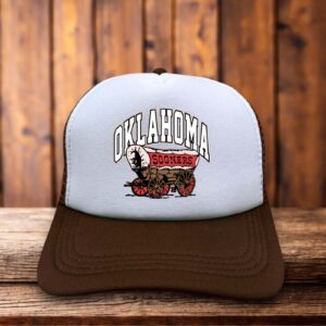 A two-toned polyester trucker hat featuring a vintage Oklahoma Sooners logo.