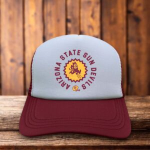 A two-toned polyester trucker hat featuring a vintage Arizona State Sun Devils logo.
