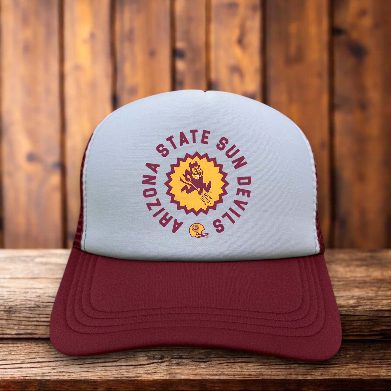 A two-toned polyester trucker hat featuring a vintage Arizona State Sun Devils logo.