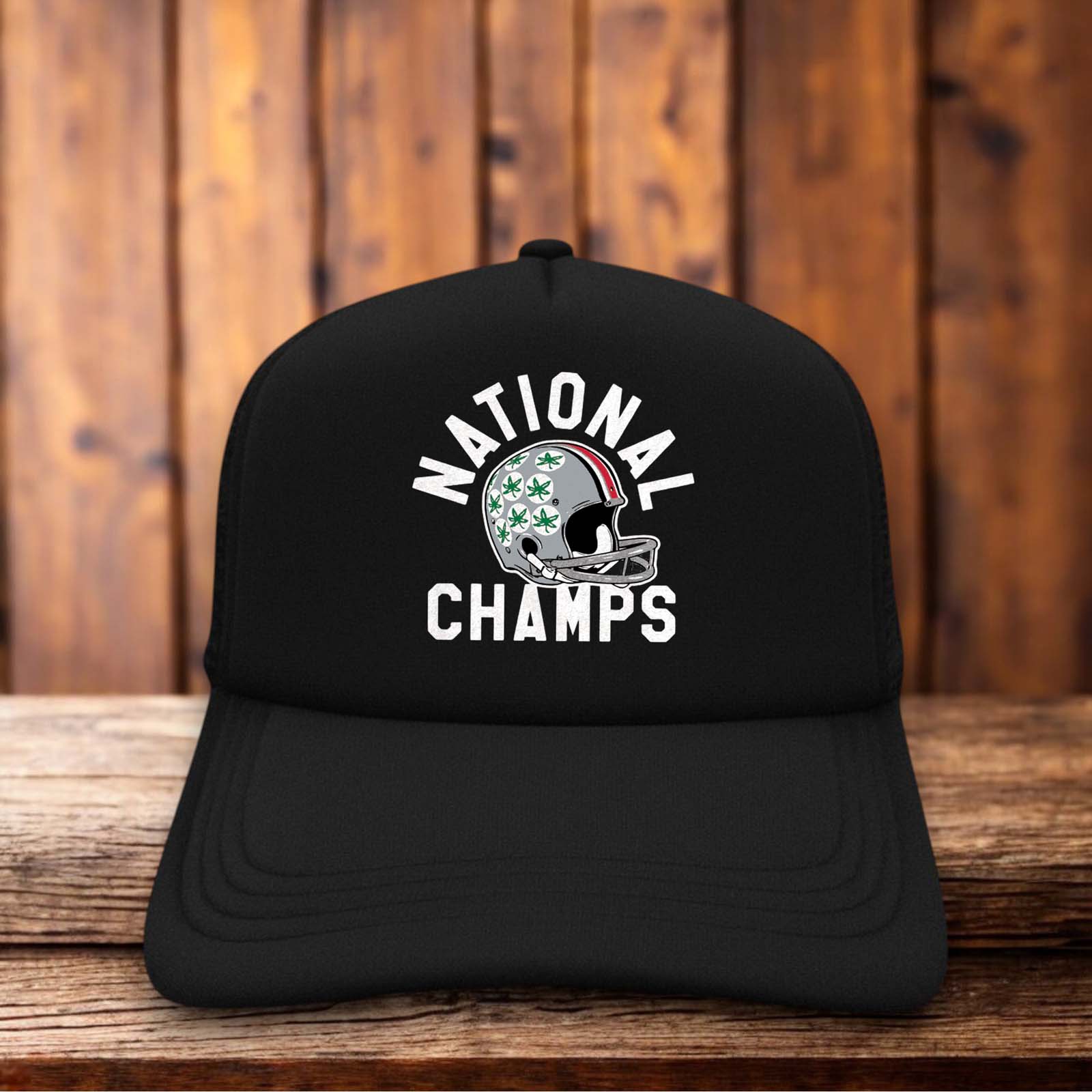 A two-toned polyester trucker hat featuring a vintage Ohio State National Champs design.