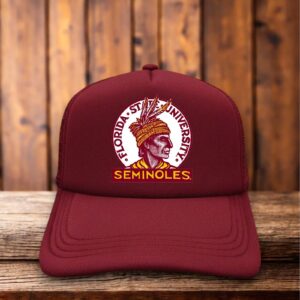 A two-toned polyester trucker hat featuring a vintage Florida State Seminoles logo.