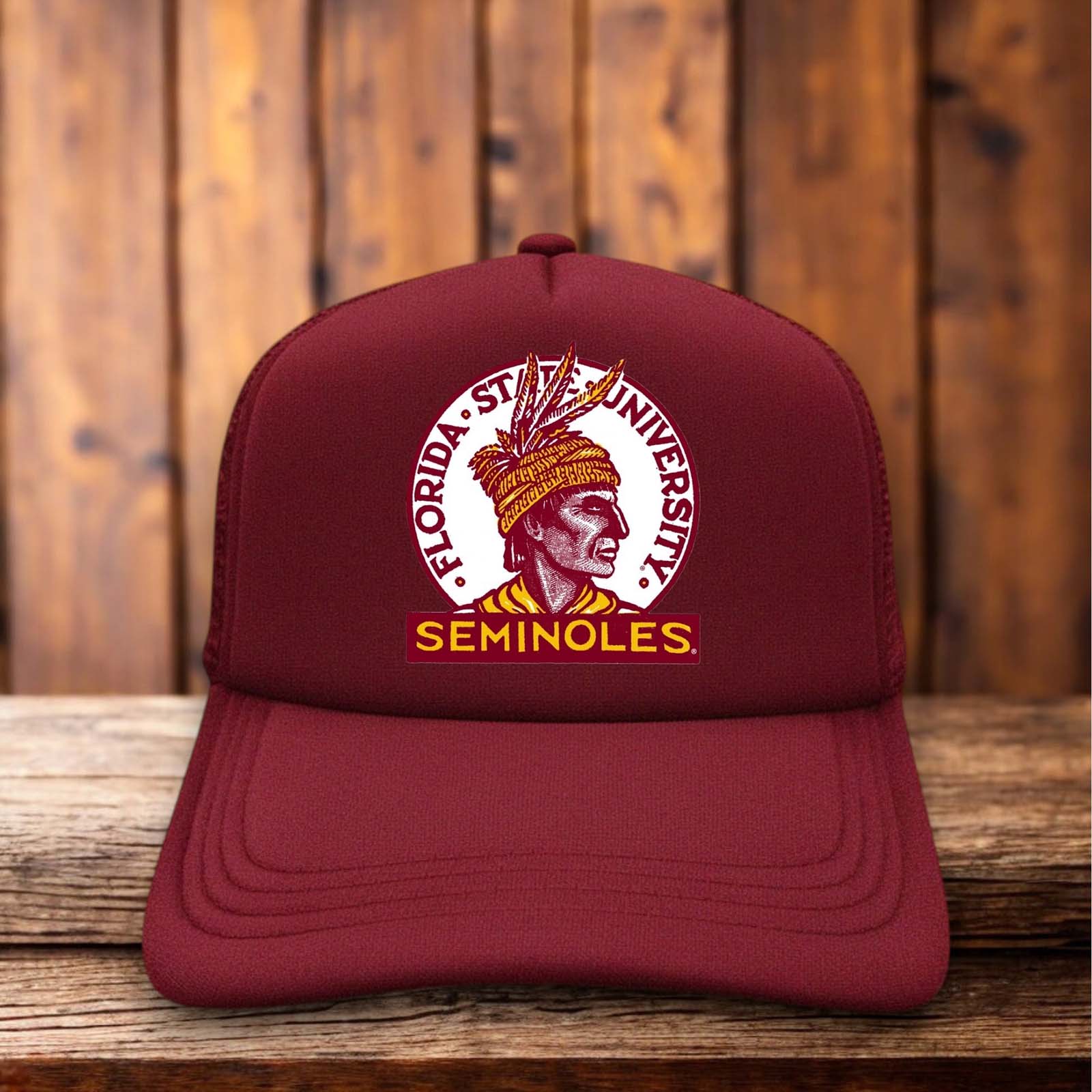 A two-toned polyester trucker hat featuring a vintage Florida State Seminoles logo.