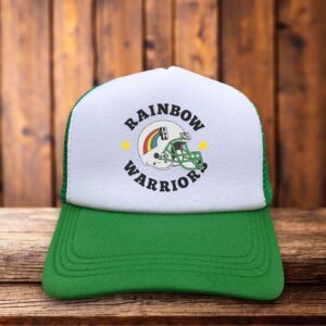 A two-toned polyester trucker hat featuring a vintage Hawaii Rainbow Warriors logo.