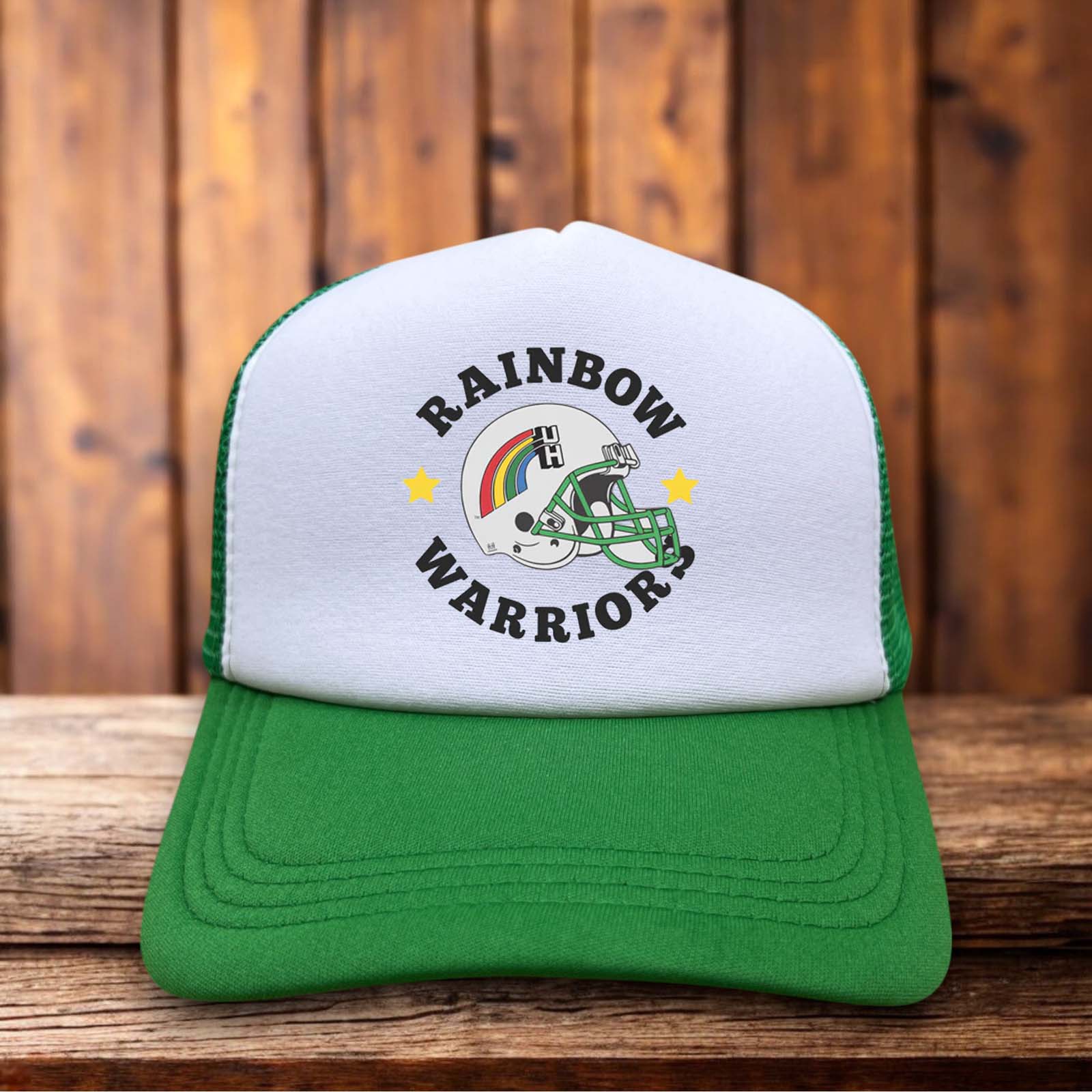 A two-toned polyester trucker hat featuring a vintage Hawaii Rainbow Warriors logo.