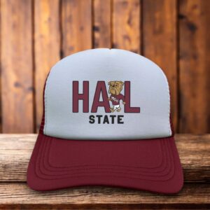 A two-toned polyester trucker hat featuring a vintage Mississippi State Bulldogs logo.
