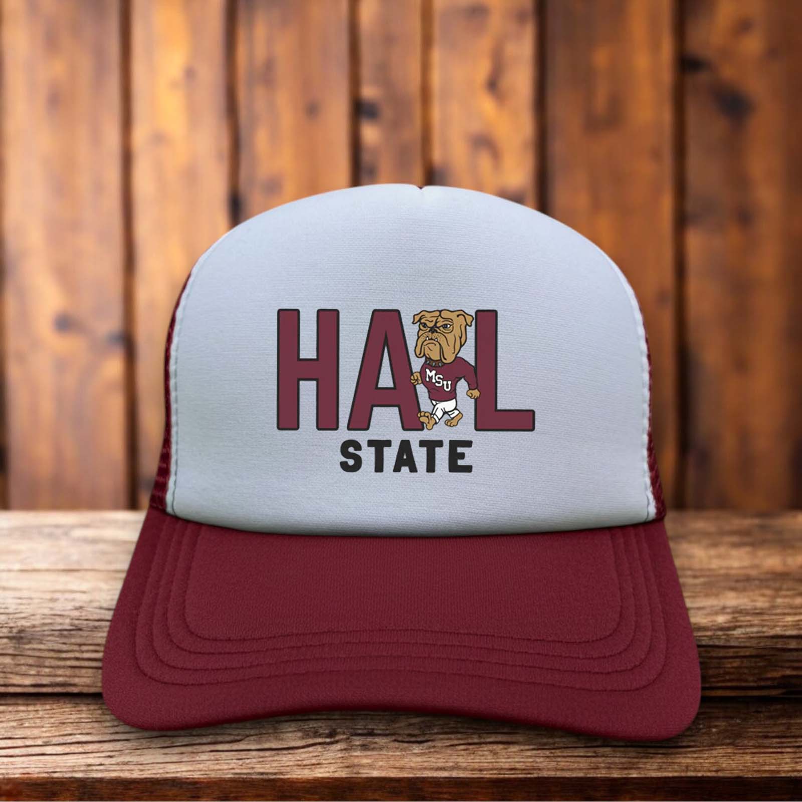 A two-toned polyester trucker hat featuring a vintage Mississippi State Bulldogs logo.