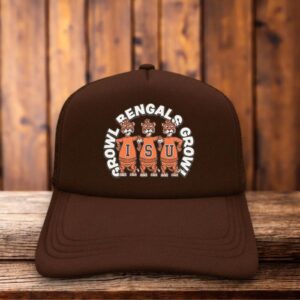 A two-toned polyester trucker hat featuring a vintage Idaho State University Bengals logo.