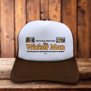 Retro trucker hat featuring The Wicker Man 1973 title in weathered vintage typography on a structured foam front.