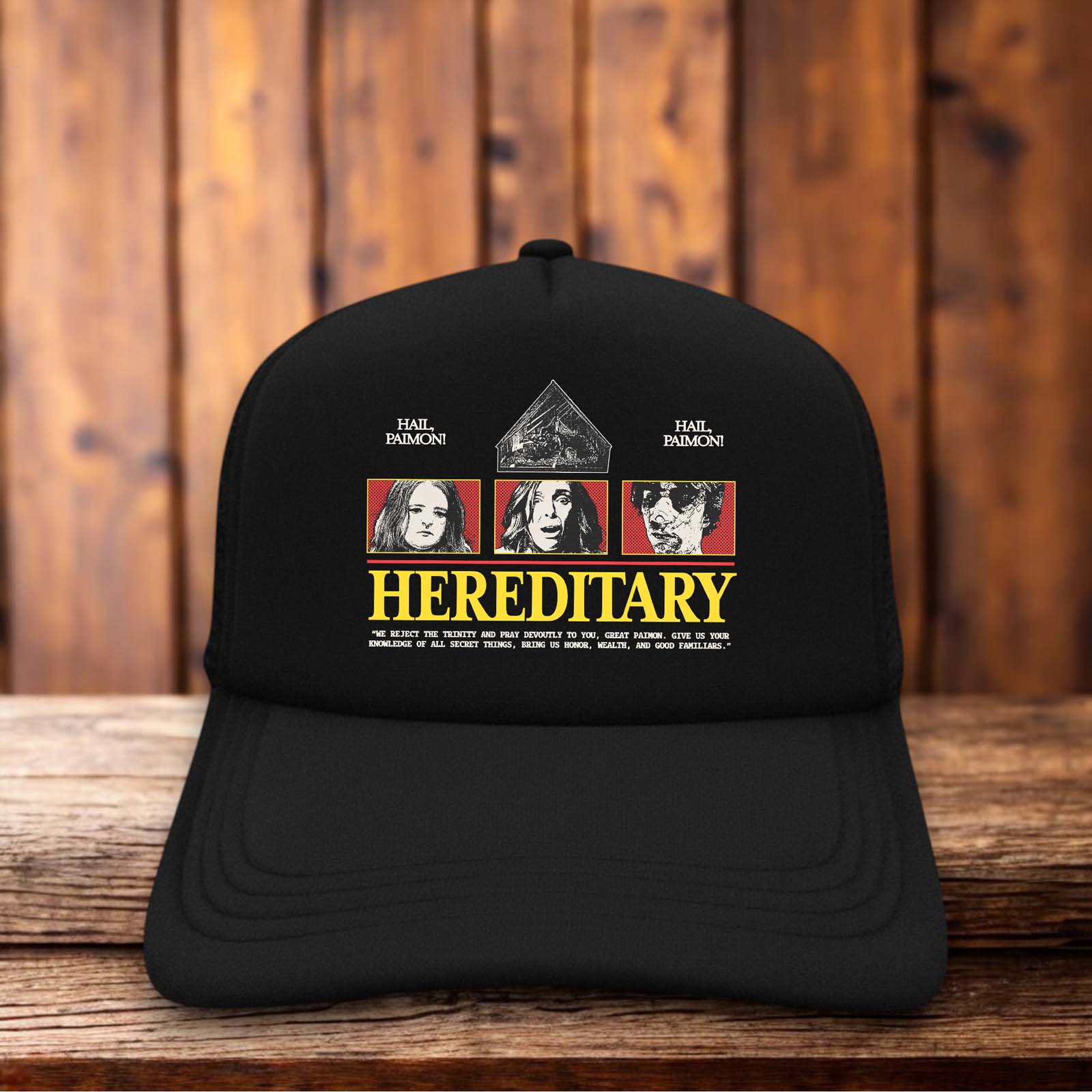 Retro trucker hat with a structured foam front featuring a minimalist design inspired by the film Hereditary in vintage-style typography.
