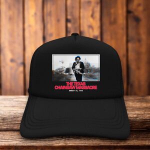Retro trucker hat featuring the 1973 Texas Chainsaw Massacre title logo in weathered vintage typography on a structured foam front.
