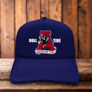 A red and white trucker hat featuring a vintage Alabama Football Roll Tide design.