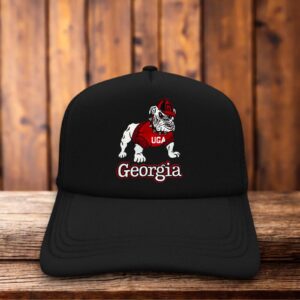 A red and black trucker hat featuring a vintage Georgia Bulldogs football logo.