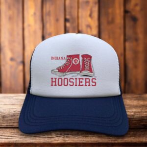 A two-toned polyester trucker hat featuring a vintage Indiana Hoosiers basketball logo.