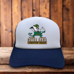 A two-toned polyester trucker hat featuring a vintage Notre Dame Fighting Irish logo.