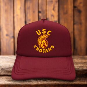A two-toned polyester trucker hat featuring a vintage USC Trojans logo.