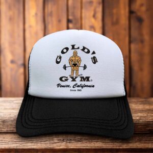 A vintage-style trucker hat featuring the yellow and black Gold’s Gym Venice California logo