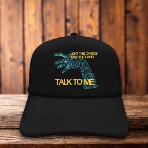 Retro trucker hat with a structured foam front featuring the Talk To Me film logo and the iconic embalmed hand graphic in vintage-style typography.