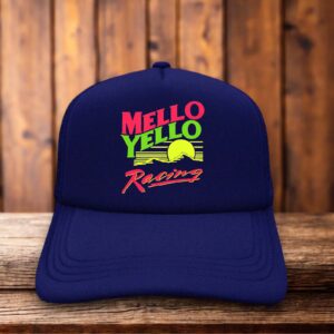 Retro trucker hat with a structured foam front featuring the vintage Mello Yellow Racing logo and stylized speedway typography.