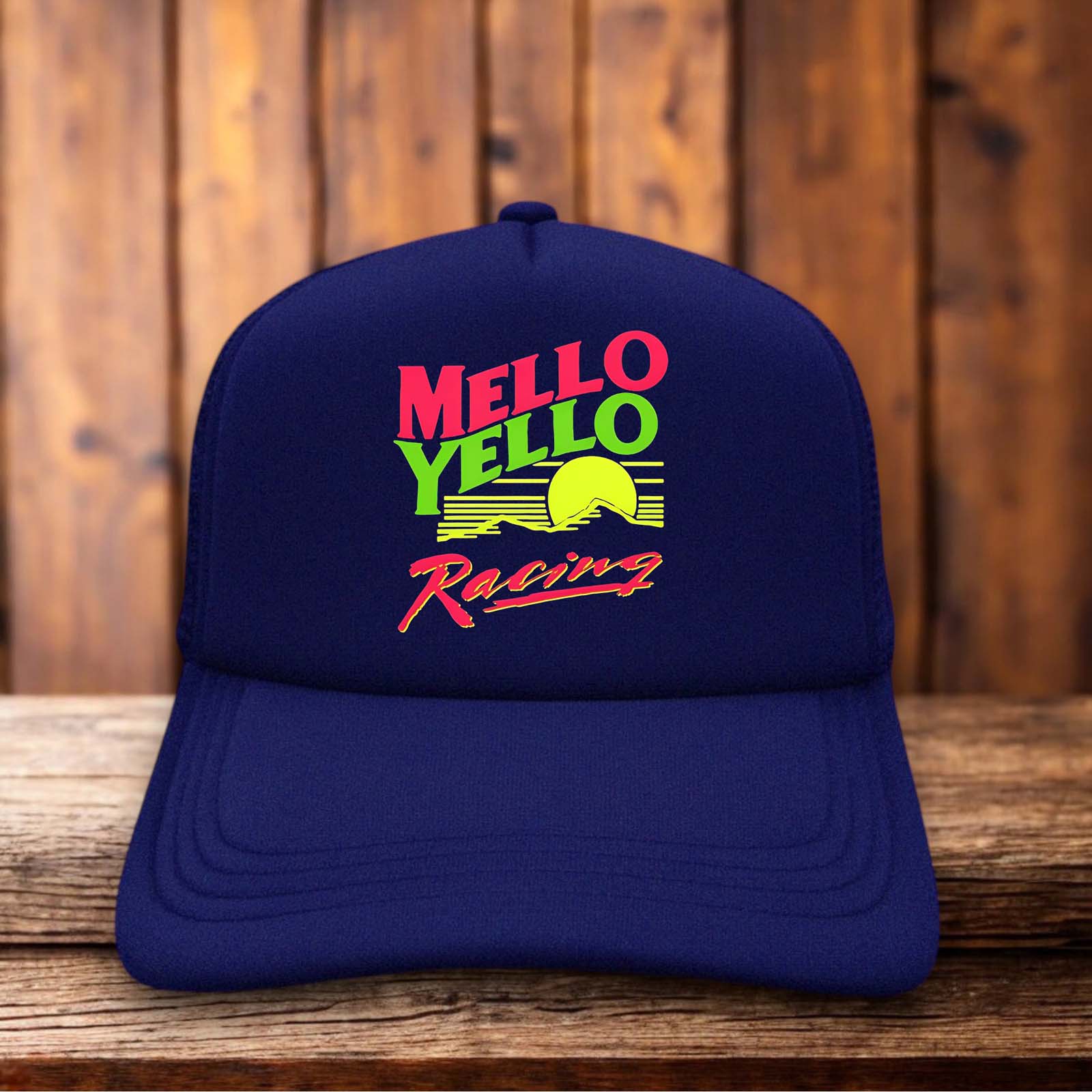 Retro trucker hat with a structured foam front featuring the vintage Mello Yellow Racing logo and stylized speedway typography.