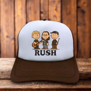 Retro trucker hat with a structured foam front featuring an illustration of Charlie Brown combined with Rush band graphics and vintage typography.