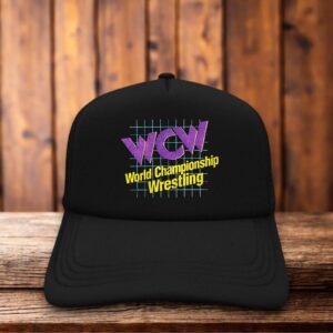 Retro trucker hat with a structured foam front featuring the classic WCW World Championship Wrestling logo and sharp vintage typography.