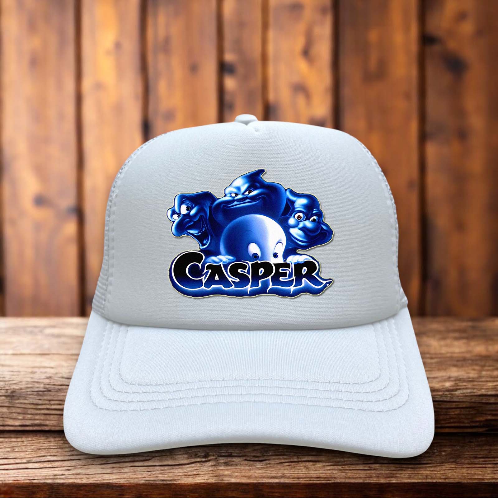 A white retro trucker hat with a structured foam front featuring a vintage illustration of a waving Casper the Friendly Ghost and retro blue typography.