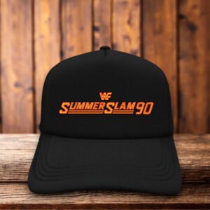 A retro trucker hat with a black foam front featuring the 1990 Summerslam logo in vibrant orange typography.