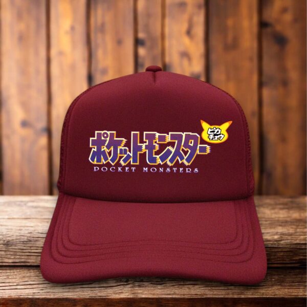 Pokemon Pocket Monster trucker hat with retro gaming graphic and mesh back