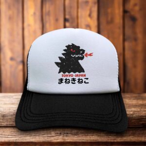 Tokyo Japan Godzilla trucker hat with retro kaiju graphic and mesh back