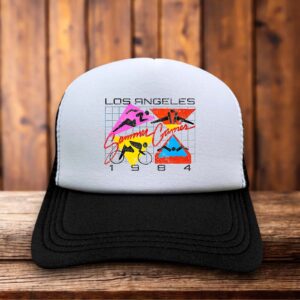 1984 LA Summer Olympics trucker hat with retro 80s graphic and mesh back