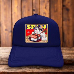 Spam Cat trucker hat with retro food-inspired graphic and mesh back