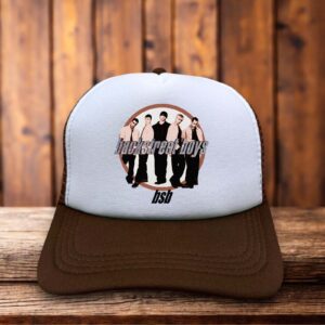 Backstreet Boys brown trucker hat with retro 90s pop aesthetic and mesh back