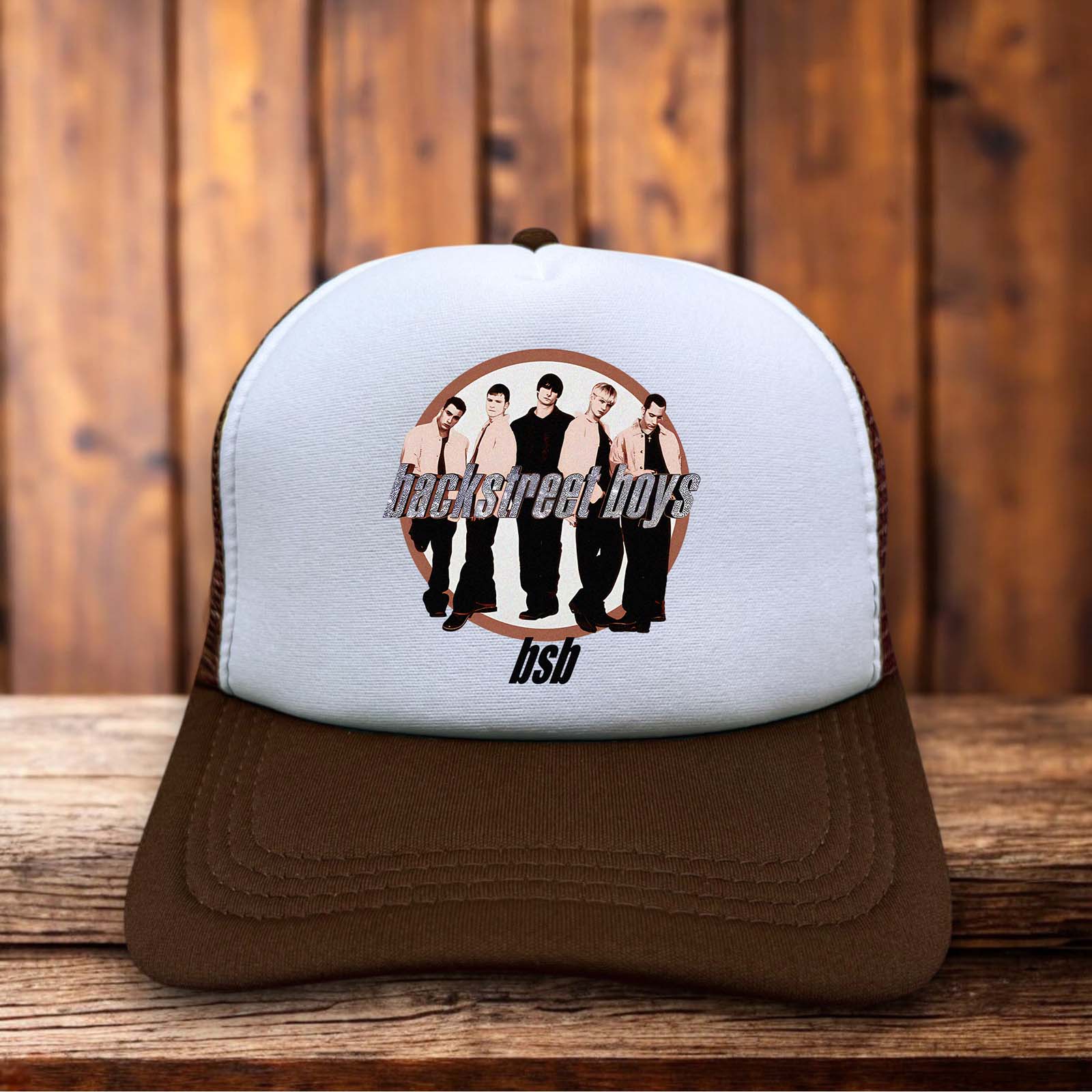 Backstreet Boys brown trucker hat with retro 90s pop aesthetic and mesh back