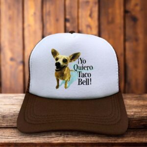 A retro trucker hat with a white foam front featuring the iconic 90s Taco Bell Chihuahua and "Yo Quiero Taco Bell" text in vintage typography.