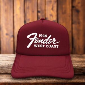 A retro trucker hat with a white foam front featuring the 1946 Fender logo in vintage script and "Fullerton, California" text.