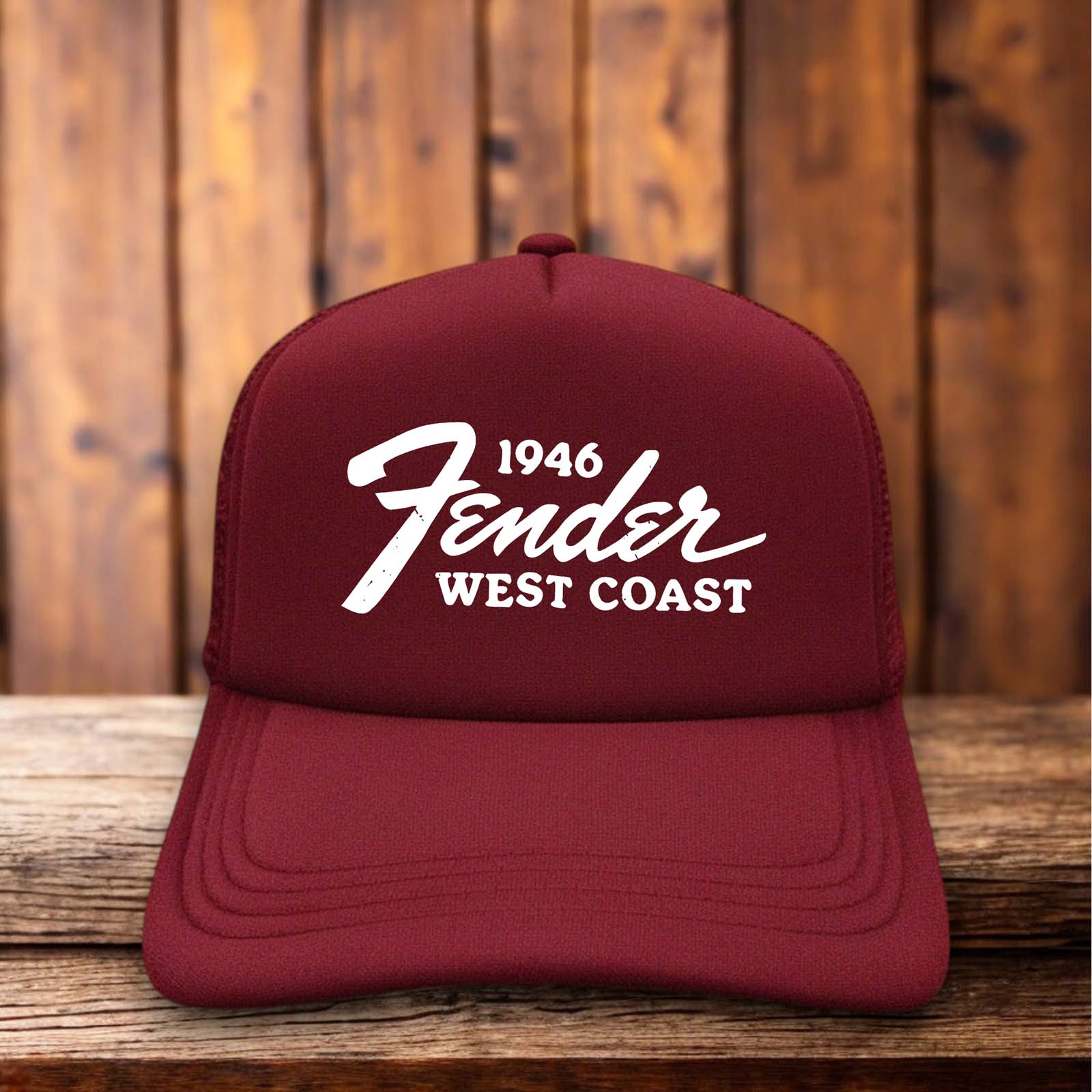 A retro trucker hat with a white foam front featuring the 1946 Fender logo in vintage script and "Fullerton, California" text.