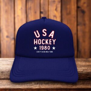 A retro trucker hat with a white foam front featuring the 1980 USA Hockey logo and "Miracle On Ice" text in red and blue vintage typography.