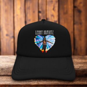 A retro trucker hat with a structured foam front featuring a psychedelic "Universal Love" graphic and Lenny Kravitz signature typography in gold and earth tones.