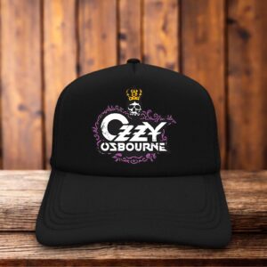 A retro trucker hat featuring the classic Black Sabbath wavy typography and an Ozzy Osbourne graphic on a structured white foam front with black mesh.