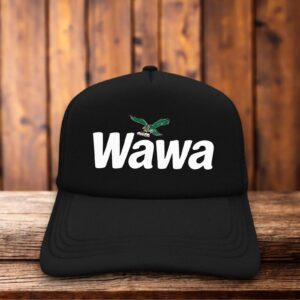 A retro trucker hat with a white foam front featuring a mashup of the Wawa goose and the Philadelphia Eagles logo in midnight green and silver.