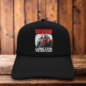 A retro trucker hat featuring the iconic Videodrome "V" logo with a warped, static-effect design on a structured foam front.