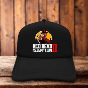 A retro trucker hat featuring the iconic Red Dead Redemption 2 silhouette of outlaws against a sunset on a structured foam front.