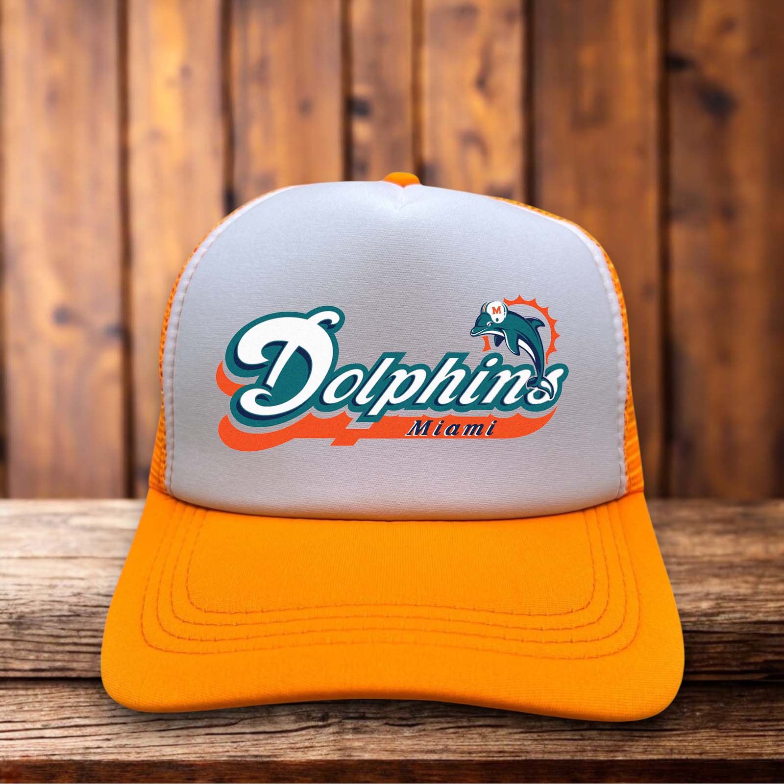 Miami Dolphins 80s Logo Retro Trucker Hat vintage aqua orange sunburst football snapback by Retro Roots Headwear