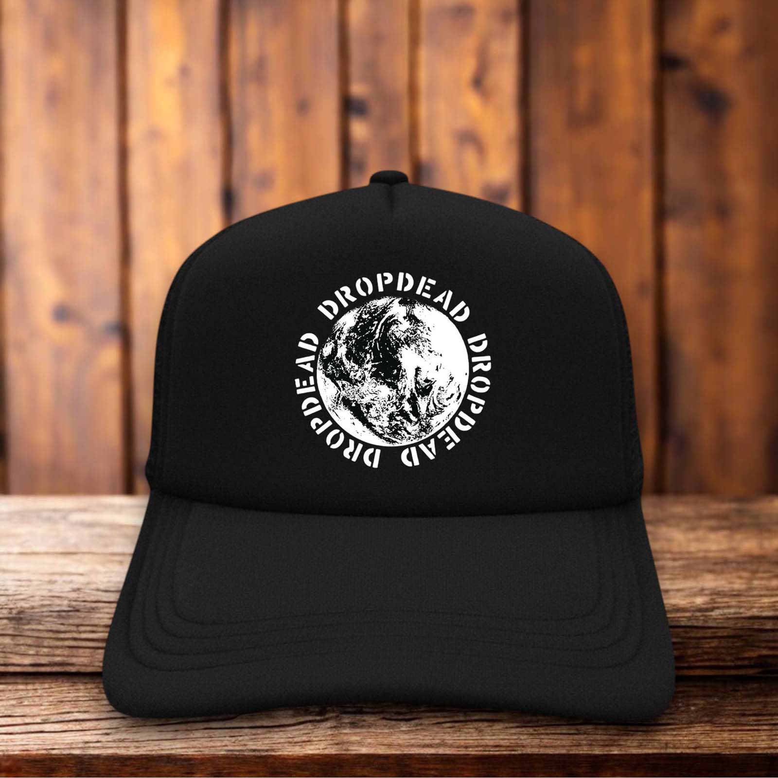 Dropdead punk band trucker hat with hardcore DIY aesthetic and mesh back