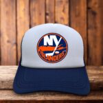 New York Islanders 70s Logo Hockey Trucker Hat vintage royal blue orange snapback by Retro Roots Headwear