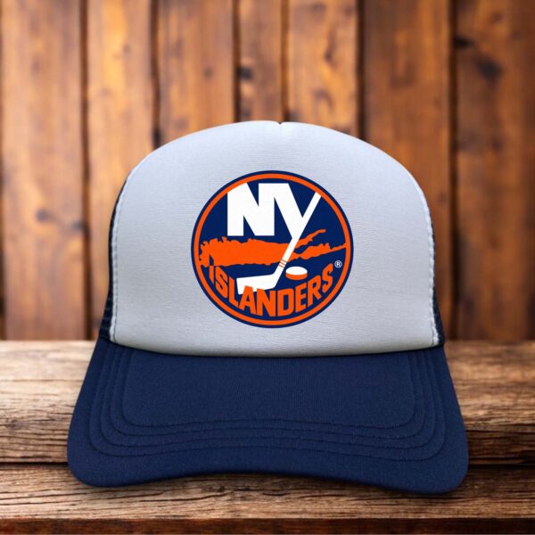 New York Islanders 70s Logo Hockey Trucker Hat vintage royal blue orange snapback by Retro Roots Headwear