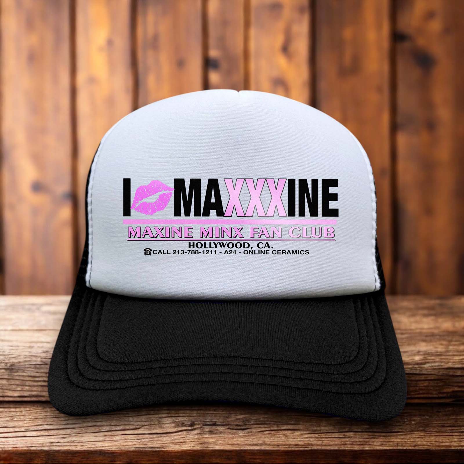 Maxxine A24 trucker hat with retro horror film inspired design and mesh back